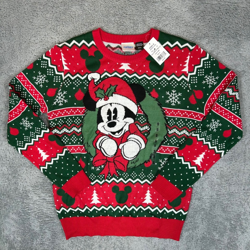 Disney Mickey Mouse Holiday Fair Isle Christmas Sweater Red Green Small NEW